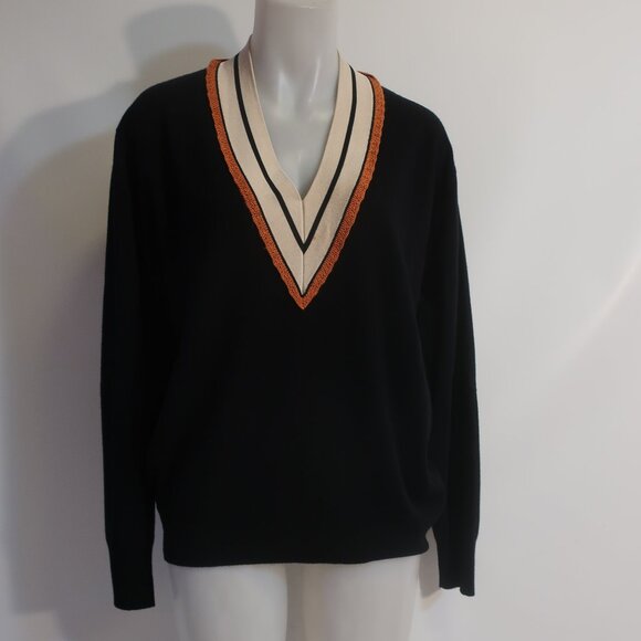 Women Sandro Paris Colle Black Striped Deep V-Neck Wool Cashmere Sweater 4 US/XL - Picture 3 of 11